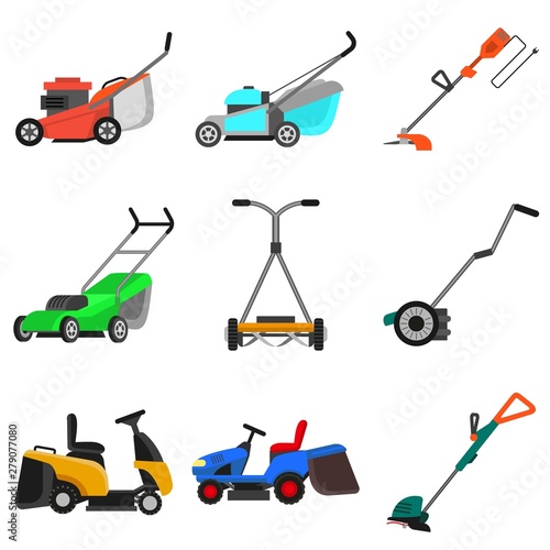 Lawnmower icons set. Flat set of lawnmower vector icons for web design