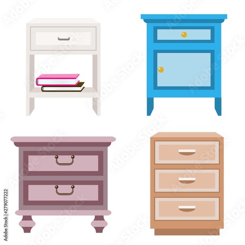 Nightstand icons set. Flat set of nightstand vector icons for web design
