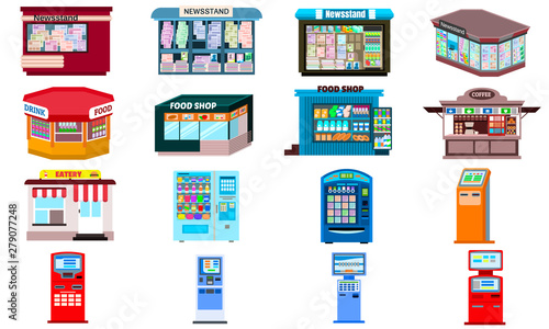 Kiosk icons set. Flat set of kiosk vector icons for web design