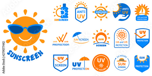 Sunscreen logo set. Flat set of sunscreen vector logo for web design