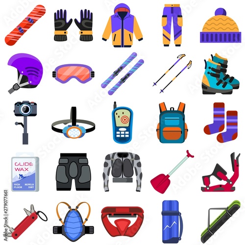 Snowboarding equipment icons set. Flat set of snowboarding equipment vector icons for web design