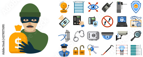 Burglar icons set. Flat set of burglar vector icons for web design