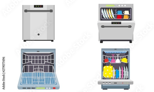 Dishwasher icons set. Flat set of dishwasher vector icons for web design