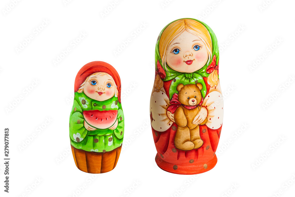 Two Russian nesting dolls on white isolated background