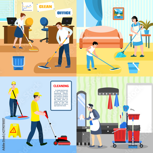 Mop banner set. Flat illustration of mop vector banner set for web design