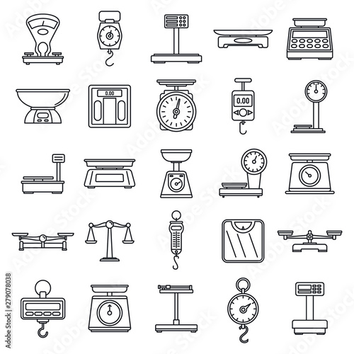 Digital weigh scales icons set. Outline set of digital weigh scales vector icons for web design isolated on white background
