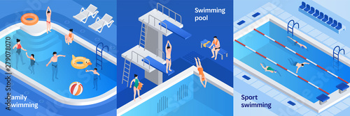Pool equipment banner set. Isometric set of pool equipment vector banner for web design