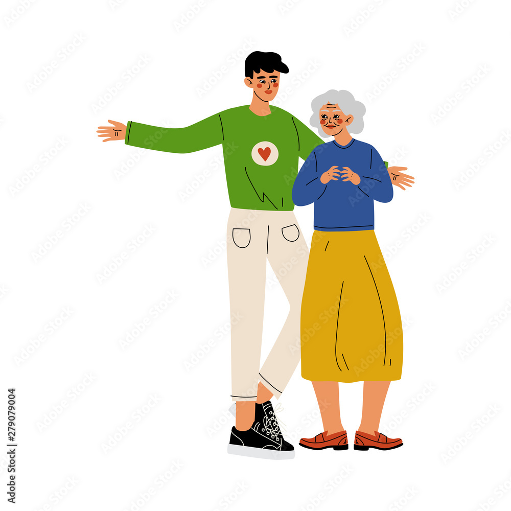 Male Volunteer Helping Old Lady, Social Worker, Volunteering, Charity and Supporting People Vector Illustration Male Volunteer Helping Old Lady, Social Worker, Volunteering, Charity and Supporting People Vector Illustration