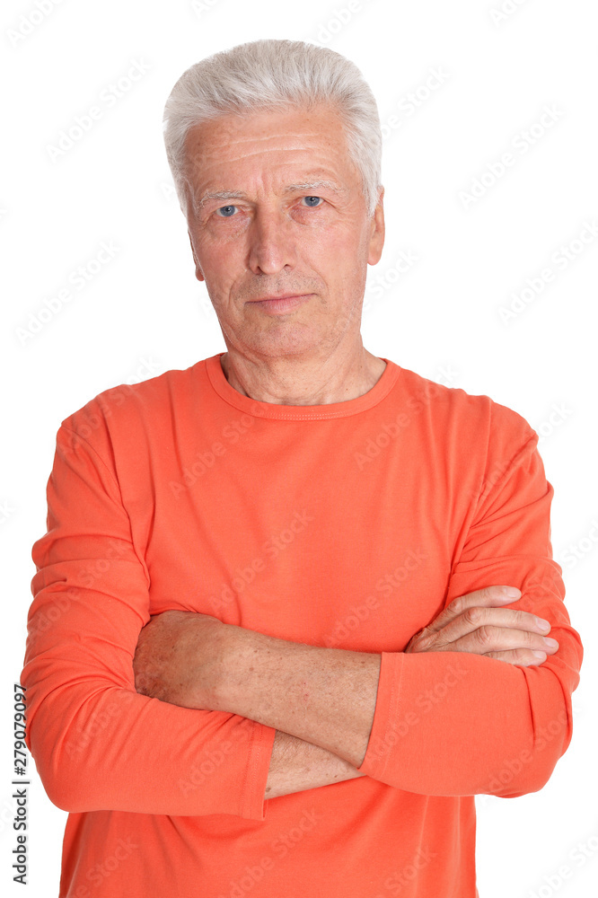 Thoughtful senior man posing on white background Thoughtful senior man posing on white background