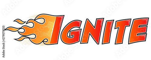 Burning lettering Ignite. Flame letters flat style isolated on white background. Vector illustration.