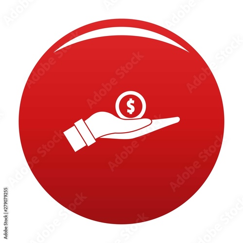 Coin in hand icon. Simple illustration of coin in hand vector icon for any design red