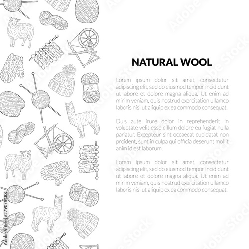 Natural Wool Banner Template with Place for Text and Knitting Hand Drawn Symbols Pattern, Design Element Can Be Used for Brochure, Booklet, Card Vector Illustration