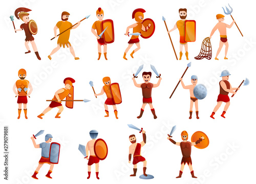 Gladiator icons set. Cartoon set of gladiator vector icons for web design