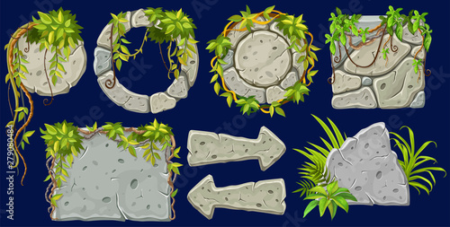 Set cartoon game wooden and stone boards in jungle style with space for text. Isolated gui panels with tropical lianas and rocks. Vector illustration on dark background. 