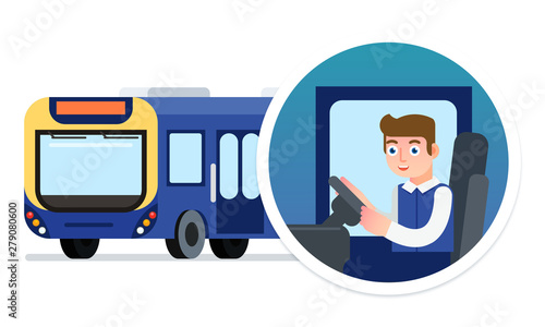 Bus driver sitting in the driver cab and driving a passenger bus