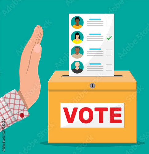 Ballot paper with candidates and box. Hand against the vote. Destruction of electoral documents. Candidate against all. Vector illustration in flat style