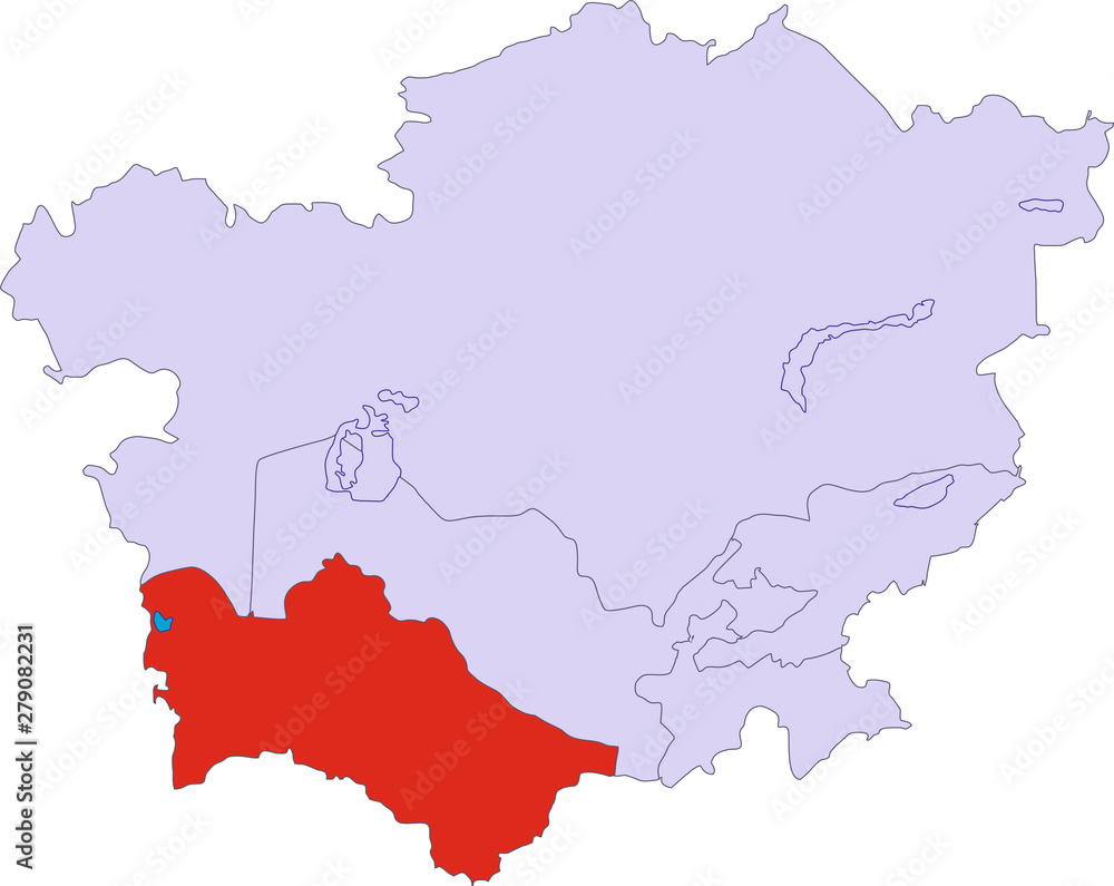Vector contour map of Central Asia without inscription on a white background. The Republic of Turkmenistan is highlighted in red.