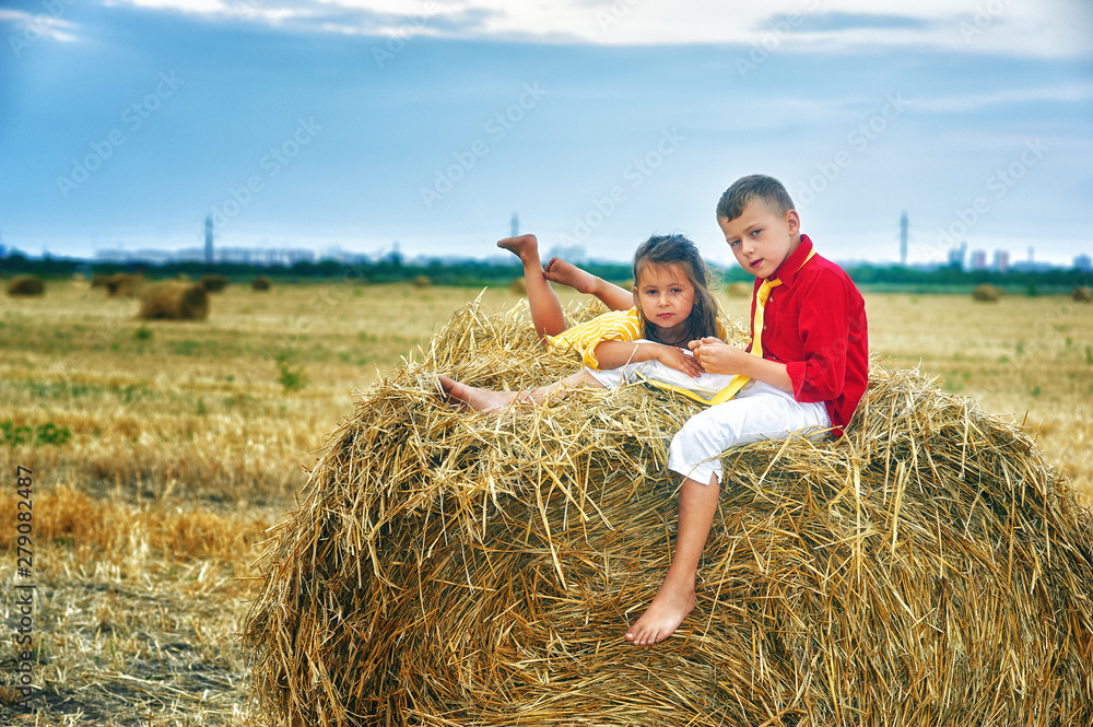 Portrait of brother and sister in the manger . Children on a walk in the countryside . Children's outdoor recreation Portrait of brother and sister in the manger . Children on a walk in the countryside . Children's outdoor recreation