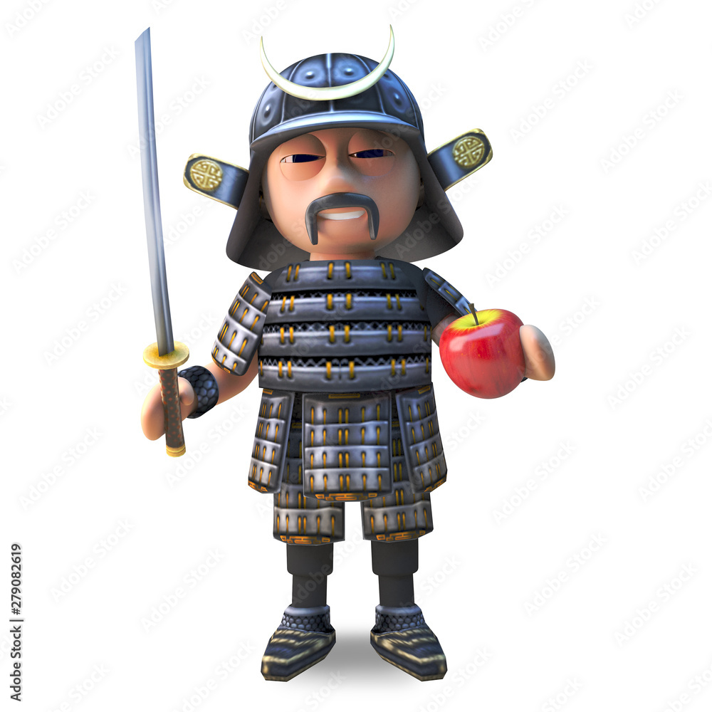 Mighty Japanese samurai warrior in 3d about to cut an apple with his graceful katana sword, 3d illustration