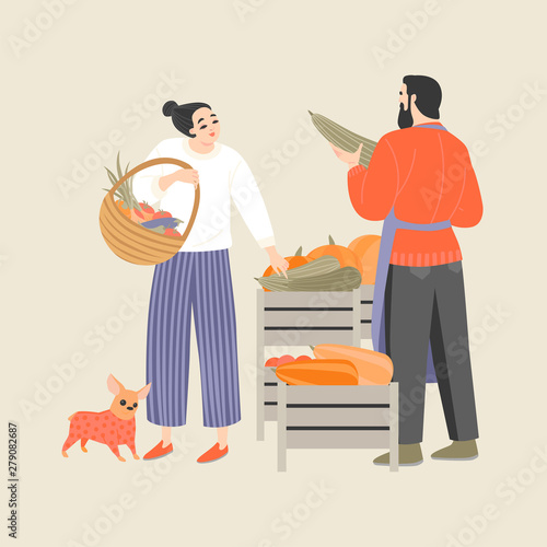 A woman buys vegetables from a farmer.