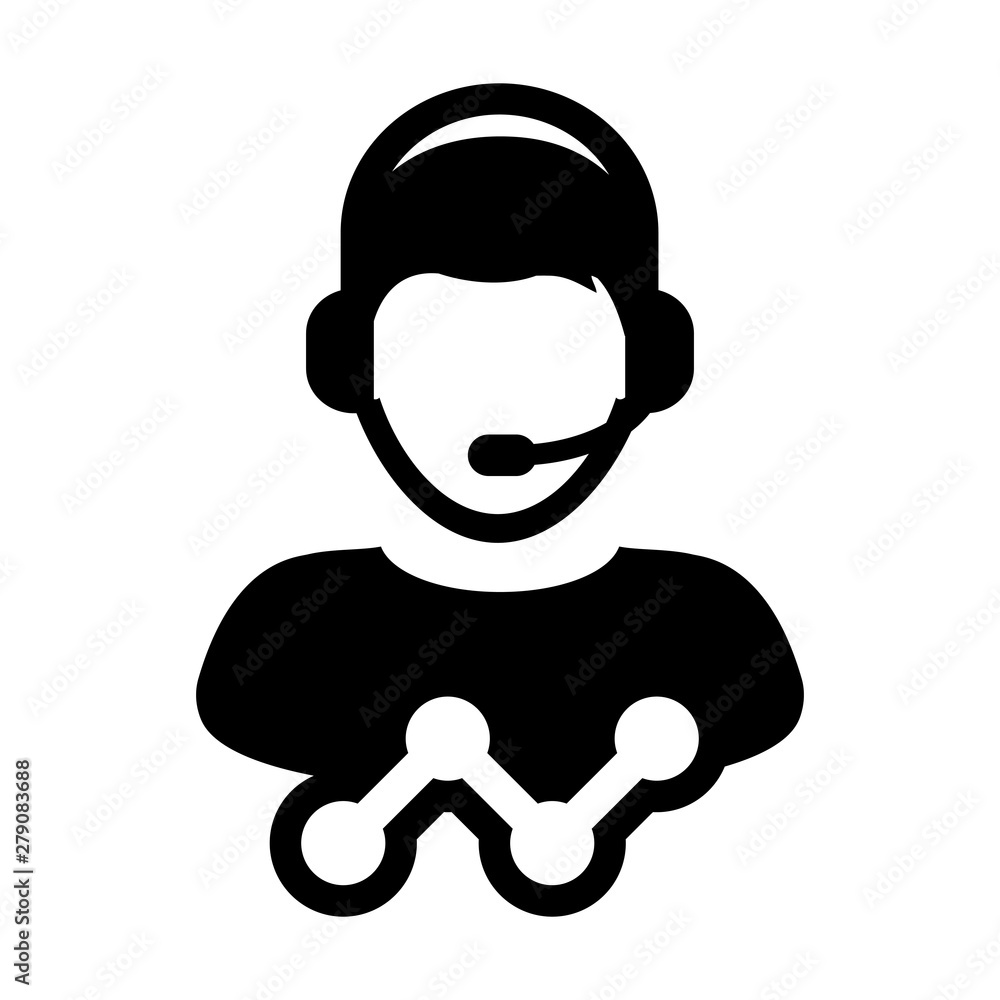 Customer helpline icon vector male data support service person profile avatar with headphone and line graph for online assistant in glyph pictogram illustration Customer helpline icon vector male data support service person profile avatar with headphone and line graph for online assistant in glyph pictogram illustration