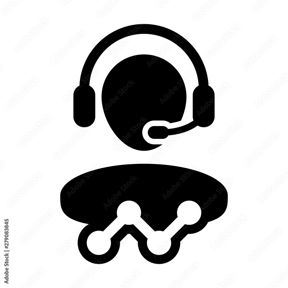 Data support icon vector male customer data service person profile avatar with headphone and line graph for online assistant in glyph pictogram illustration