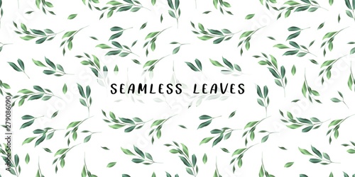 watercolor seamless floral pattern with green leaves and branches 