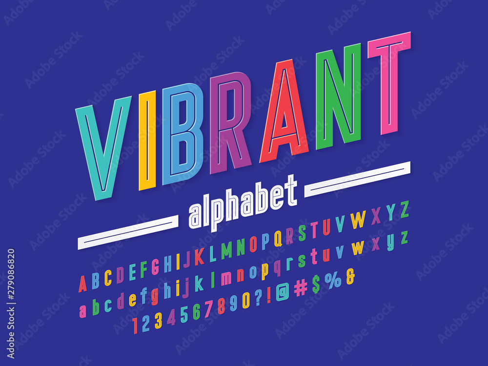 Colorful stylized alphabet design with uppercase, lowercase, numbers ...