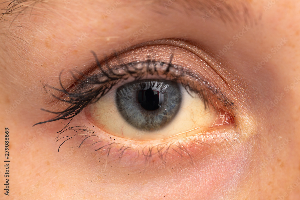 An extreme closeup view on the blue eye of a young Caucasian woman. The