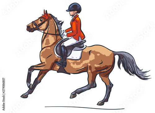 Vector illustration of a young rider cantering on a sport pony.