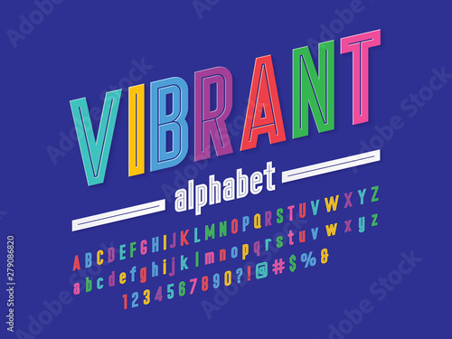 Colorful stylized alphabet design with uppercase, lowercase, numbers and symbols