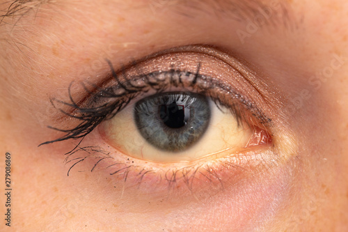 Obraz na płótnie An extreme closeup view on the blue eye of a young Caucasian woman