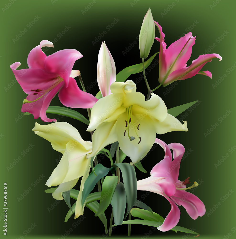 Naklejka premium light yellow and pink lily flowers bunch on green background