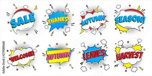 8 Comic Lettering Autumn In The Speech Bubbles Comic Style Flat Design. Dynamic Pop Art Vector Illustration Isolated On White Background. Exclamation Concept Of Comic Book Style Pop Art Voice Phrase.