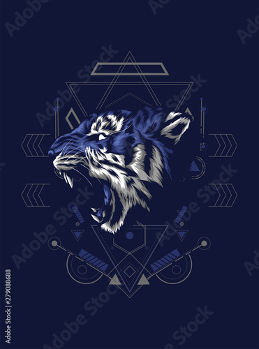wild tiger raring with sacred geometry pattern as the background