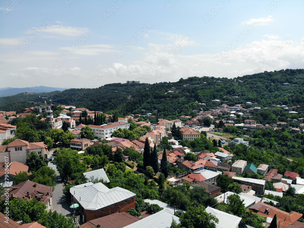 Aerial view on Mountains and City Roofs
