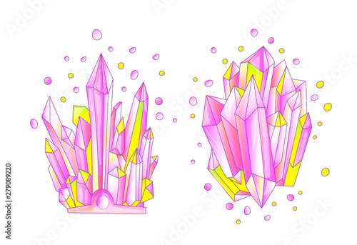 Yellow and pink crystal, cartoon cute vector Quartz illustration. Quartz Crystal druse, pink princess grain on white background. Cartoon pink semiprecious stones of Quartz