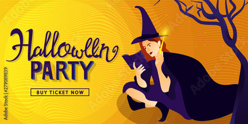 Halloween party banner template with young witch and lettering. Vector Illustration. Trick or Treat Concept.