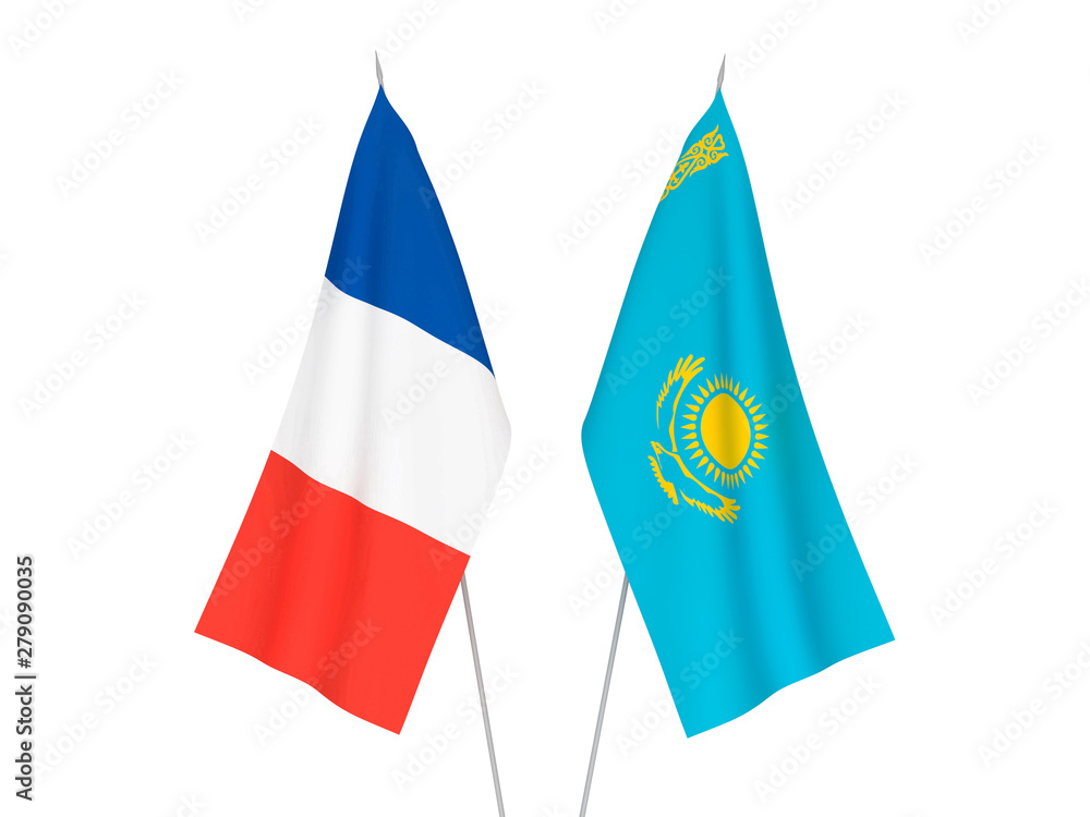 National fabric flags of France and Kazakhstan isolated on white background. 3d rendering illustration. National fabric flags of France and Kazakhstan isolated on white background. 3d rendering illustration.