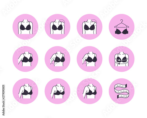 Lingerie flat line icons set. Bra fitting, breast measurement with measuring tape, female body in underwear vector illustrations. Thin signs for clothes store