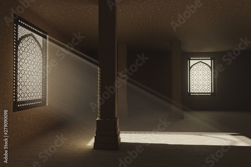 3d rendering of ancient room with jali window shatters and light beams. photo