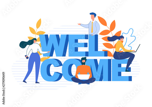 Welcome Word and Flat Cartoon People Characters