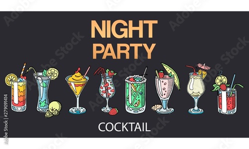 Alcoholic cocktails vector isolated on black background. Cocktails set for night party. Glasses with alcoholic drinks, fruits, berries and paper umbrellas. Grog, punch martini party.