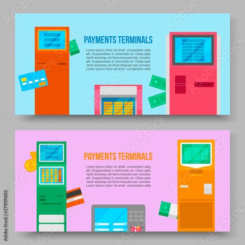 Self-service payments terminals vector banners. Debit and credit card and cash receipt. Digital touchscreen, interactive kiosk concept. Online system of payments terminals