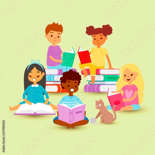 Kids reading in circle on a pile of books with cat cartoon vector illustration. School education and knowledge concept. Different nationalities kids reading books isolated on yellow background