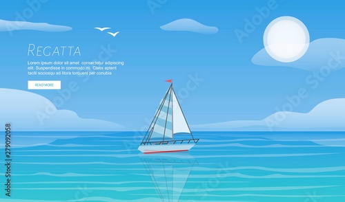 Yacht regatta on wave blue sea ocean vector template. Yachting summer vacation sport travel adventure background. Sailing boat regatta for sport recreation webpage concept