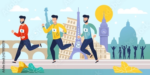 World Marathon Running Competition Flat Cartoon