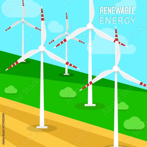 Wind power turbines and windmills vector illustration. A landscape with greenfields and turbines that transforms the kinetic energy in the wind into mechanical power