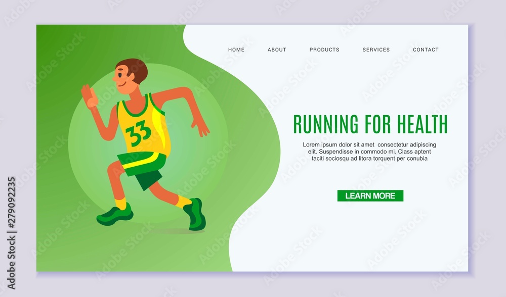 Fototapeta premium Running young man vector illustration. Online fitness exercise, webpage decorated by man in run for health. Runner in green and yellow sport cloths on green background web page.