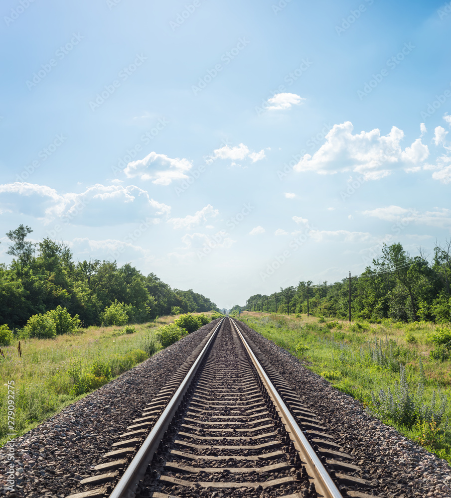 rail road to horizon in green landscape under blue sky with clouds